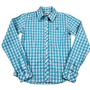 Lilly Pulitzer Button Front Shirt Teal/Blue Plaid StretchCotton Palm Tree Size 2